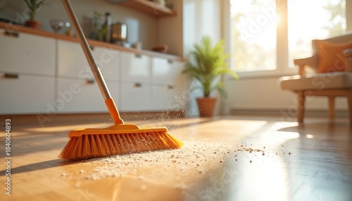 Wallpaper Mural Orange broom sweeps dust, dirt across light wood floor in modern kitchen. Sunlight streams through large window, illuminating cleaning process, creating long shadows. Scene conveys tidiness, domestic Torontodigital.ca