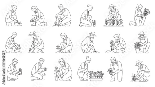 Country people crouching, farmers gardeners florists flower growers and editable line drawings in vector
