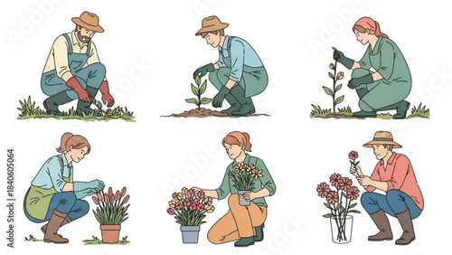 Country people crouching, farmers gardeners florists flower growers and editable line drawings in vector
