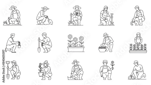 Country people crouching, farmers gardeners florists flower growers and editable line drawings in vector
