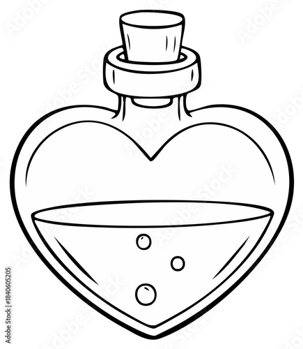 A heart shaped glass bottle of love potion with bubbles, a black and white line art illustration