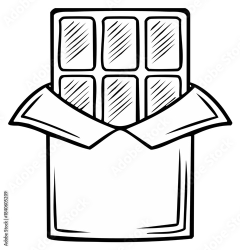 Hand drawn chocolate bar in an open wrapper line art illustration