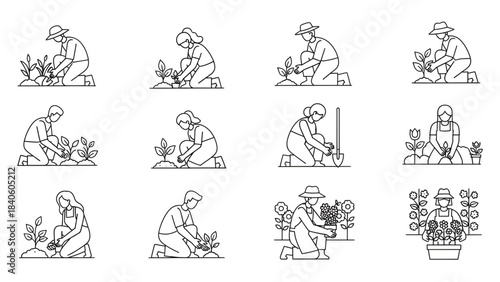 Country people crouching, farmers gardeners florists flower growers and editable line drawings in vector
