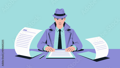 detective in a trench coat at a desk reviewing documents vector illustration