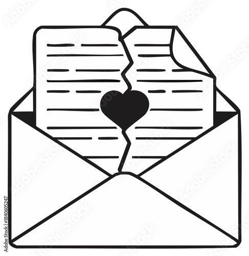 Hand-drawn illustration of broken heart letter inside open envelope; unrequited love concept.