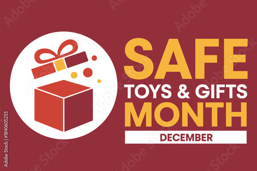 Safe Toys and Gifts Month December official awareness banner with gold gift check icon, child safety holiday campaign poster