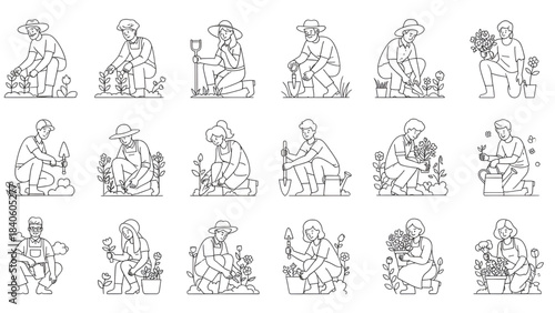 Country people crouching, farmers gardeners florists flower growers and editable line drawings in vector
