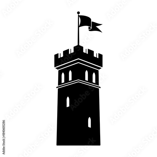 Monochromatic illustration of a majestic historical fortress tower crowned with a waving banner, symbolizing strength, security, and a connection to ancient heritage