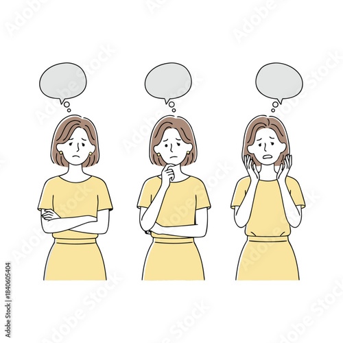 Three women in yellow shirts with blank thought bubbles above their heads contemplating ideas
