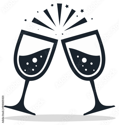 Two toasting glasses celebrating, vector illustration of clinking wine glasses with sparkling stars to represent celebration or event.