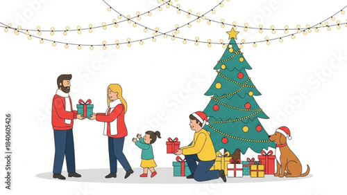A Gift of Joy: A family gathers in anticipation for the Christmas, exchanging wrapped presents under the warm glow of festive lights and an adorned tree.