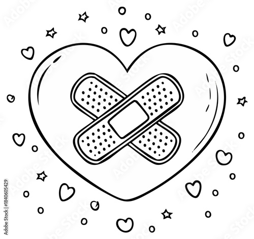 A hand drawn mended heart with crossed bandages symbolizing love recovery and emotional healing