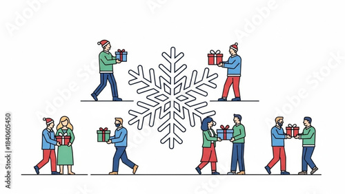 Holiday Gift Exchange: Festive figures exchange thoughtfully wrapped presents around a central snowflake, embodying the spirit of sharing and the magic of the holiday season.