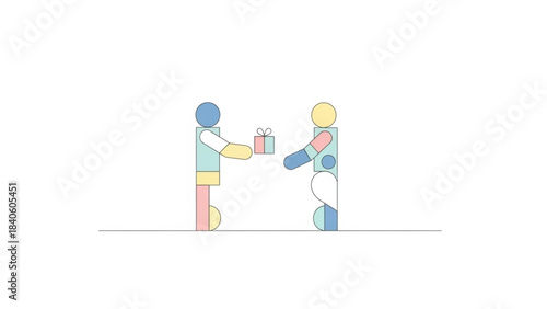 Gift Exchange Animation: Two simple stick figures, their forms defined by pastel shapes, engage in a gentle exchange of a gift, symbolizing generosity and connection. 