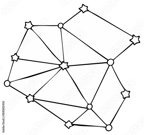 Hand drawn constellation of stars and nodes connected by lines in a black and white sketch style