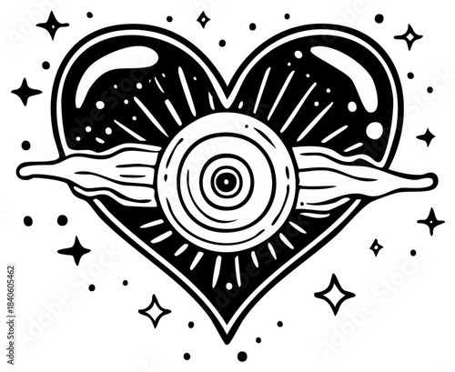 Mystical Heart with Cosmic Eye, Rays, and Celestial Sparkles in Monochrome Illustration