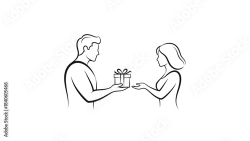 Gift Exchange: A tender moment captured in a minimalist illustration, as a man presents a wrapped gift to a woman, symbolizing generosity and shared joy.