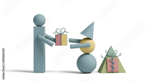 Gift Giving Abstract Art: A minimalist scene of abstract art, the moment two figures exchange wrapped gifts in a celebration. capturing a modern design and conceptual symbolism.
