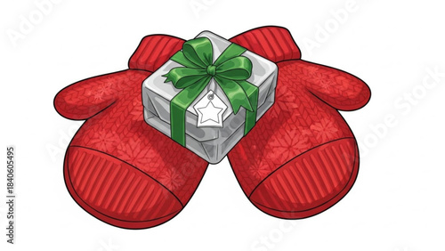 Cozy Mittens with Gift: Depicting a scene of winter warmth, this photo shows pair of red knitted mittens tenderly cradling a beautifully wrapped gift, symbolizing festive cheer and heartfelt giving.