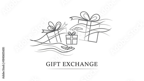 Minimalist line art illustration of hands exchanging gift boxes symbolizing generosity and connection perfect for holiday or celebration themes