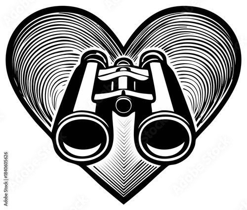 Binoculars inside heart shape vector illustration. Scouting for love or searching for the perfect relationship concept drawing