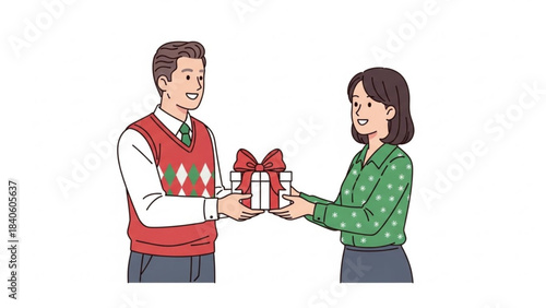 Man giving a gift box with red ribbon to a woman celebrating surprise and generosity isolated on white background