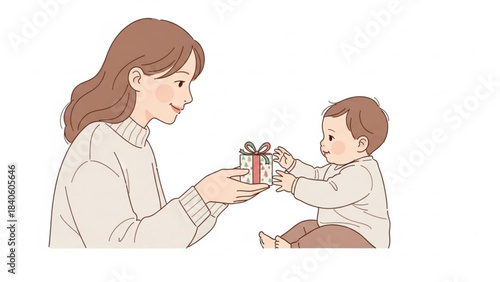 Mother giving a gift to her baby a heartwarming illustration of family love and celebration perfect for greeting cards and parenting concepts