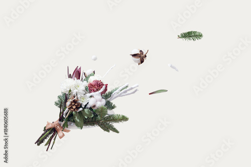 Christmas Floral Bouquet  with fir Branches on cloud white background. Perfect for holiday promotions, Christmas designs, greeting cards, social media visuals. Copy space.