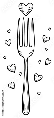 Love food concept with fork and hearts doodle sketch, meal time, food preparation and dining.
