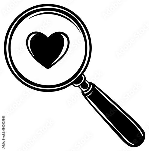 Magnifying Glass Focuses on a Black Heart Symbol Search and Discovery Concept
