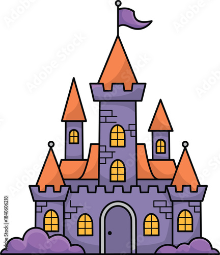 Cute fairytale castle illustration, magical purple fortress, fantasy kingdom tower art, enchanted storybook building with flags, cartoon style vector