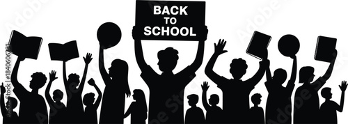 Students protesting silhouette vector crowd, back to school sign, education struggle, excited pupils, learning unity