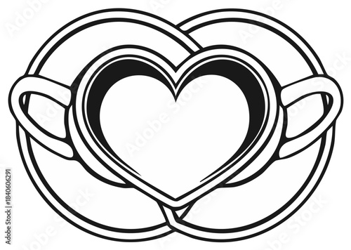 Interlocking heart shape formed by two coffee cups and saucers in a symbolic romantic design