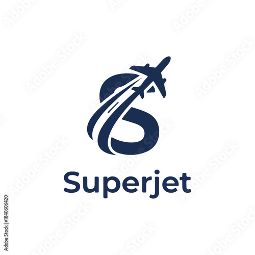 Sleek "S" letter logo design, airplane ascending with speed trails, modern travel and aviation symbol.