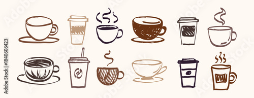 coffee in different cups in doodle style hand drawn set. colorful brown coffee time element hot drink