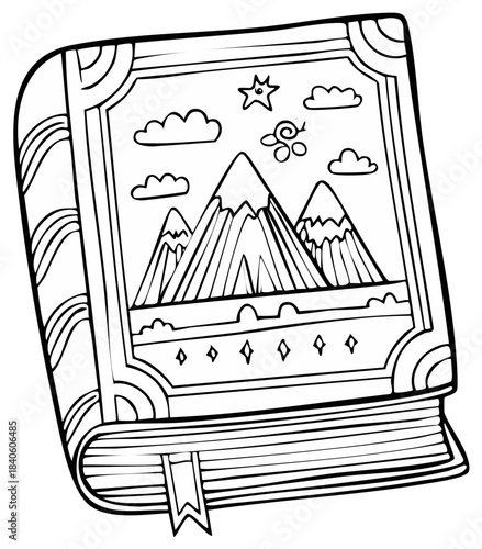 Fantasy fairytale book with mountain landscape on cover coloring page line art illustration
