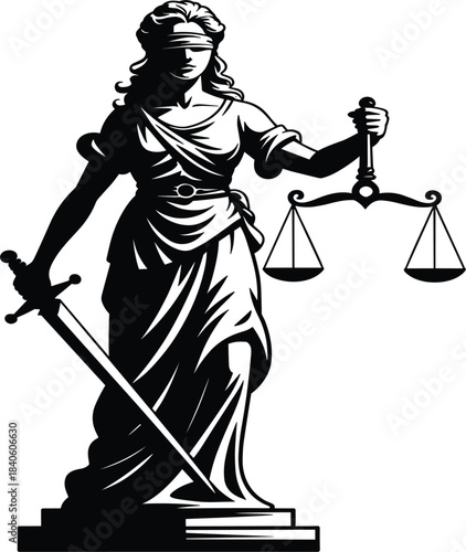 Lady Justice statue vector illustration, blindfolded goddess, legal system symbol, sword and balance scales