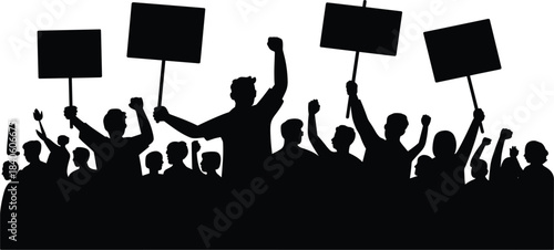 Crowd silhouette holding blank protest signs, demonstration, activism, revolution, freedom, large group, rally