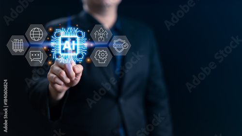 A business professional interacts with a glowing AI interface, symbolizing innovation, automation, and digital transformation in modern technology solutions for data, security, and global connectivity