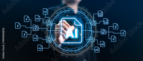 Business professional interacts with AI-powered digital document system, representing automated file processing, data extraction, secure management, financial documents, and smart workflow solutions.