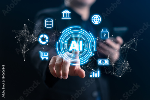 Business professional interacts with a glowing AI interface representing data analytics, automation workflows, finance technology, e-commerce solutions, and cybersecurity in modern digital.