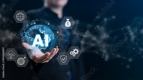Business professional holds a glowing AI globe, symbolizing global technology, automation, finance innovation, cloud computing, security solutions, and digital transformation in modern business.