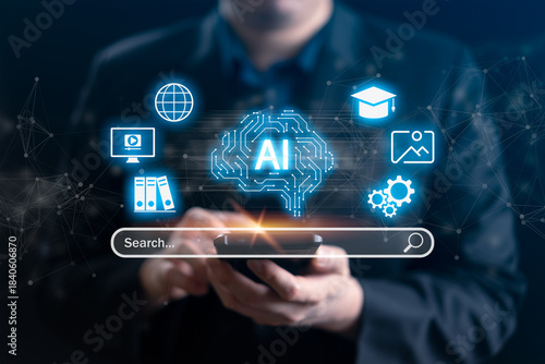 A business professional uses a smartphone to access an AI-powered search interface, representing smart knowledge management, digital learning, global information, and automated content discovery.