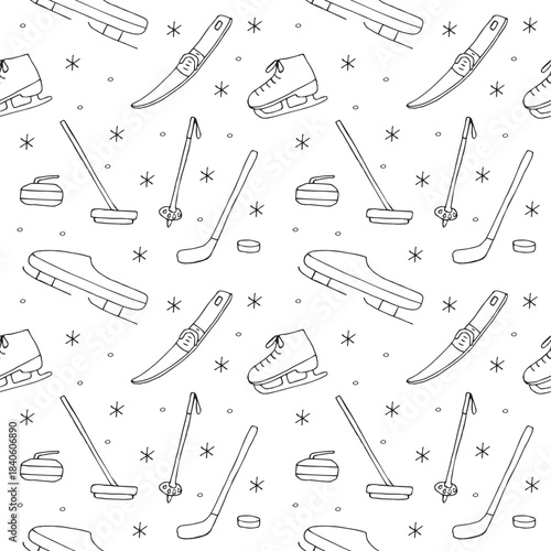 Winter sports seamless pattern, hand drawing, vector illustration