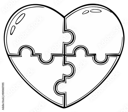 Glossy black and white heart puzzle four connected pieces line art vector
