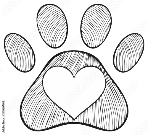 Hand drawn paw print with heart symbol vector illustration for pet love and animal care