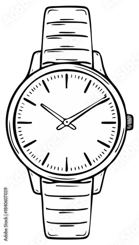 Hand-drawn illustration of an analog wristwatch with a light-colored strap