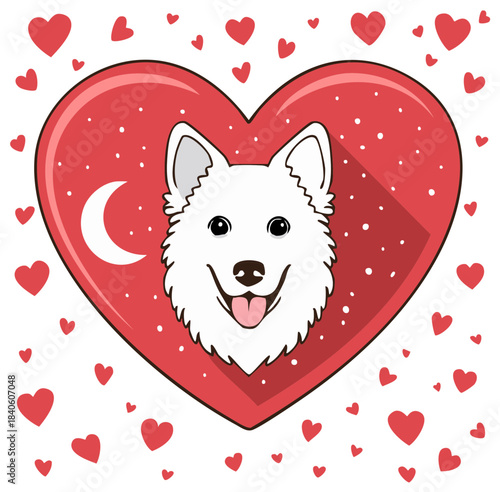 Cute cartoon Samoyed dog smiling inside a red love heart. Vector illustration for Valentine's Day.