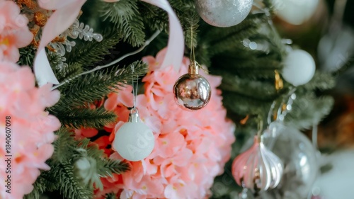 Octopus Christmas ornament on a pine branch with gold festive decorations
