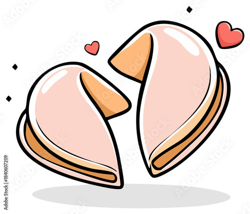Illustration of Two Opened Fortune Cookies with Hearts - Asian Food, Predictions, Love